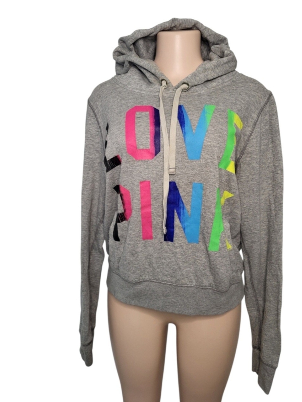 PINK Victoria's Secret Gray Hoodie with Neon Multicolor Logo